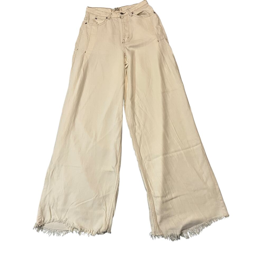 We The Free Free People Wide Leg Frayed Hem Pants Cream Boho 26 Button Fly